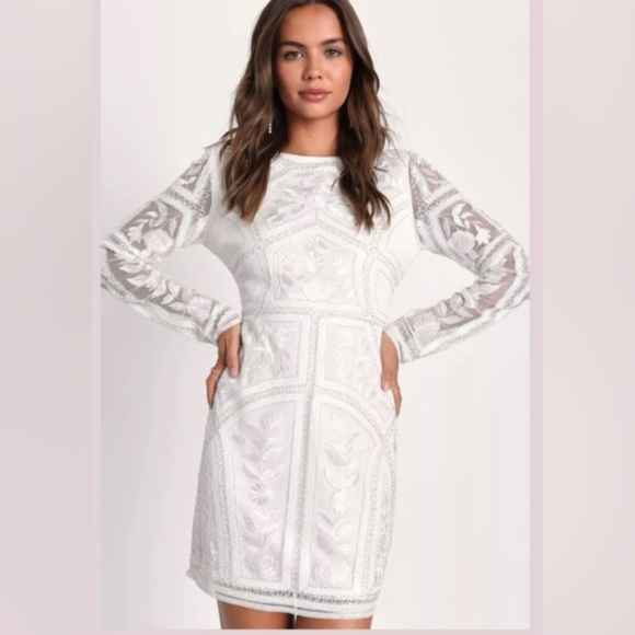 Lulus Spread Your Shine White Embroidered Long Sleeve Mini Dress Small NWT - Picture 4 of 16